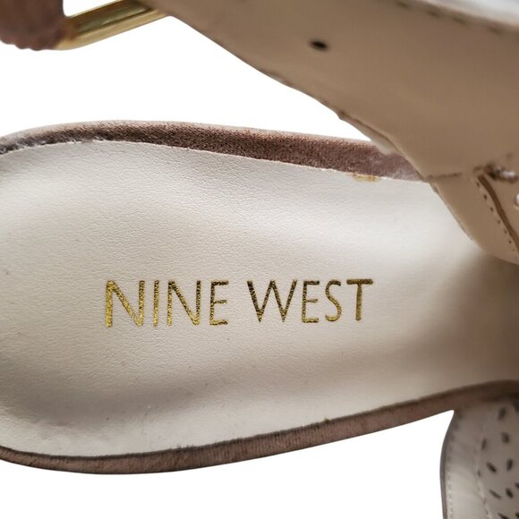 NINE WEST Perforated Leather Stacked Heel Peep Toe High Vamp Buckle Back Sandals - Picture 9 of 15